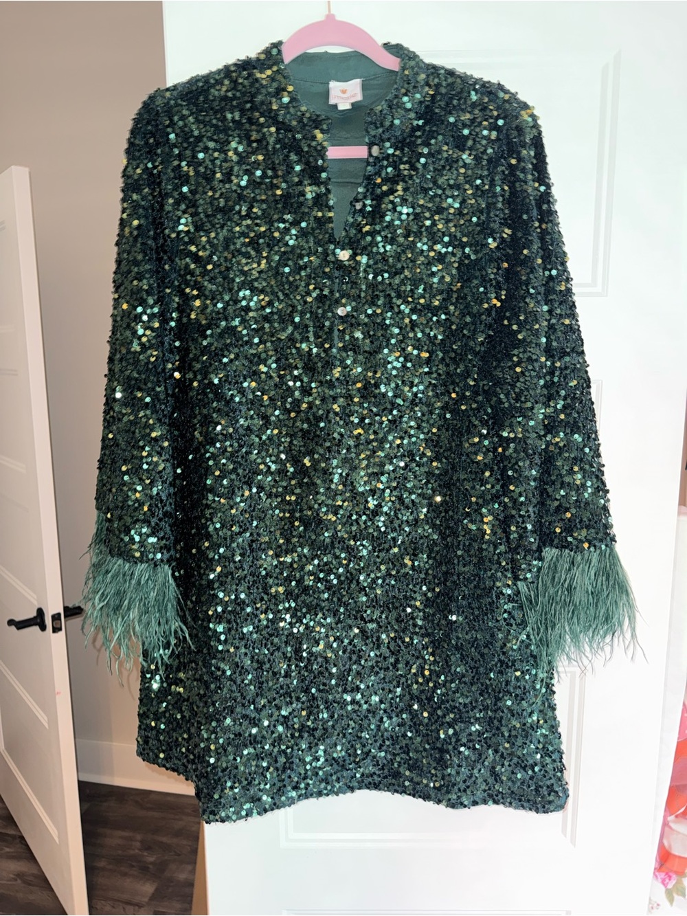 J.Marie Green Sequin Feather Cuff Tunic dress